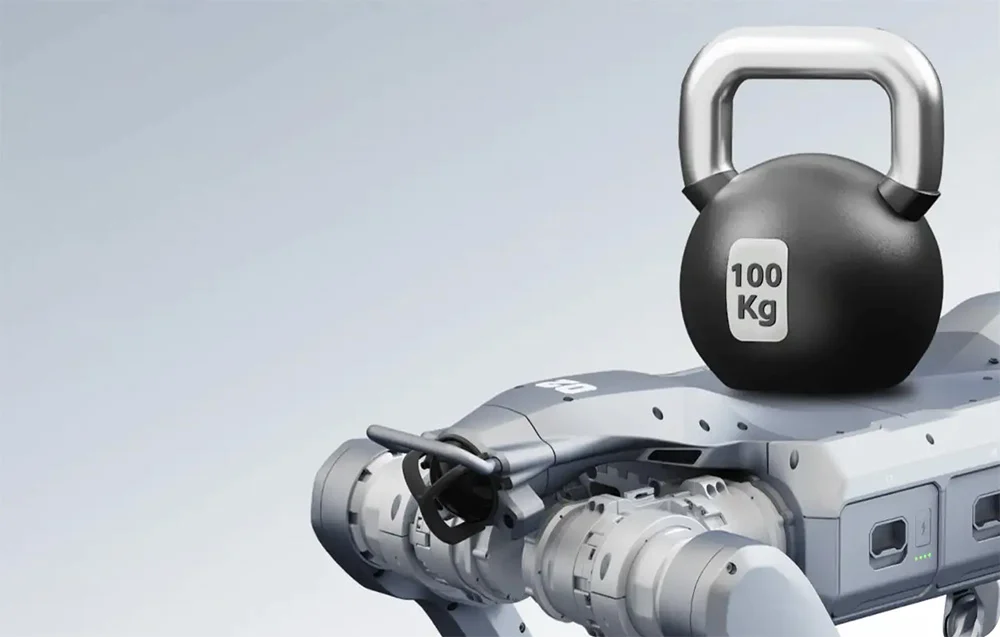 Unitree A2-W Pro z obciążeniem 100 kg na grzbiecie – wysoki udźwig statyczny i możliwości transportowe.